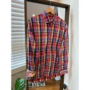 Alan Flusser Mens Plaid Button Down Long Sleeve Shirt Colorful Cotton Size Large